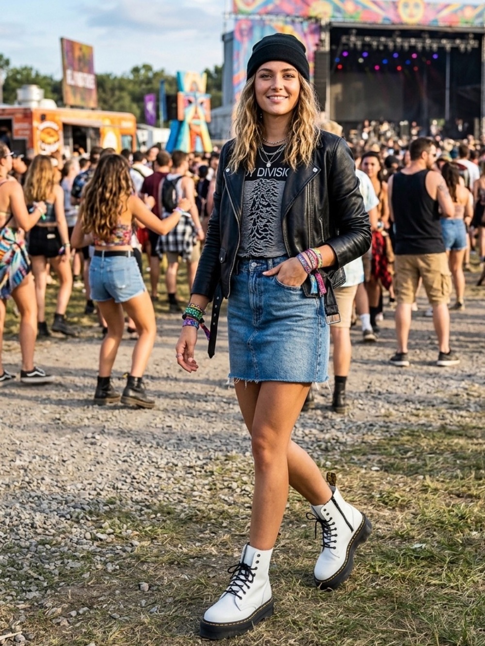 Black Leather Moto Jacket with Graphic Tee and Denim Skirt